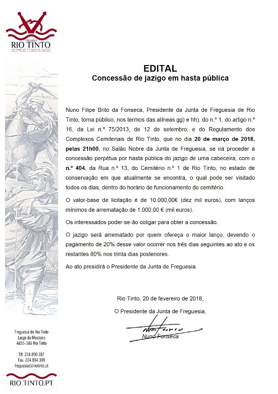 2018 02 20 Hasta Pública para a venda do jazigo 404